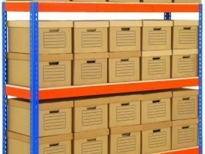 Archive Storage - 45 Box Single Depth Bay - H2743 x D455 x W1830mm. Blue/Orange