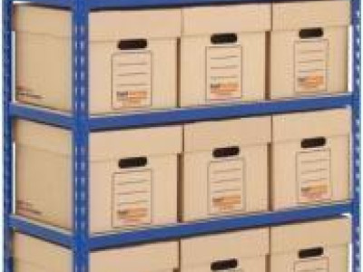 Archive Shelving -Tall 6 Shelves & 30 White Boxes H1600xW1525xD380mm Blue/Orange