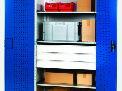 Heavy Duty Cupboard w 3 Shelves3 Drawers & Perfo Doors. W1050 x H2000 x D650mm