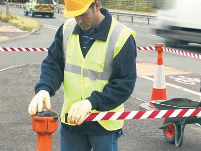 Retractable Tape Barrier System - Skipper. Cone Top with Black/Yellow Tape 9m