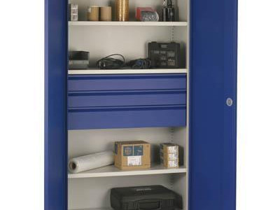 Cupboard - Wide with 3 Shelves & 3 Drawers (2 x 117mm, 1x 165mm.) Blue Door