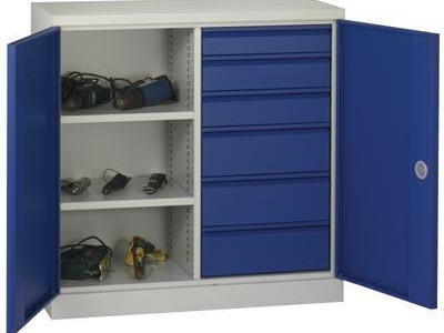 Cupboard - Heavy Duty with 2 Shelves & 6 Drawers. H1000 x W1000mm. Blue Door