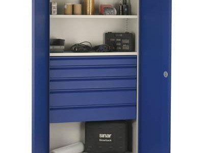 Cupboard With 2 Shelves & 5 Drawers (1x94mm, 2x117mm, 2 x 165mm.) Blue Door