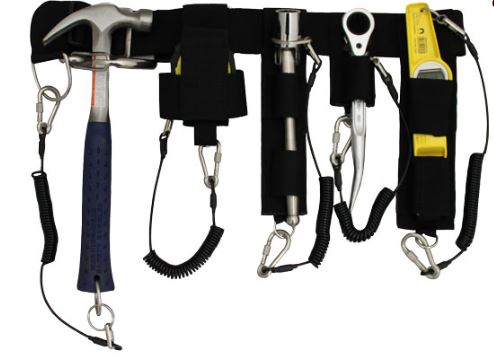 Belt Including Scaffolding Wrench, Ratchet Podger, Spirit Level, 5M Tape And Claw Hammer With Holster And Black Wire Coil Lanyards.